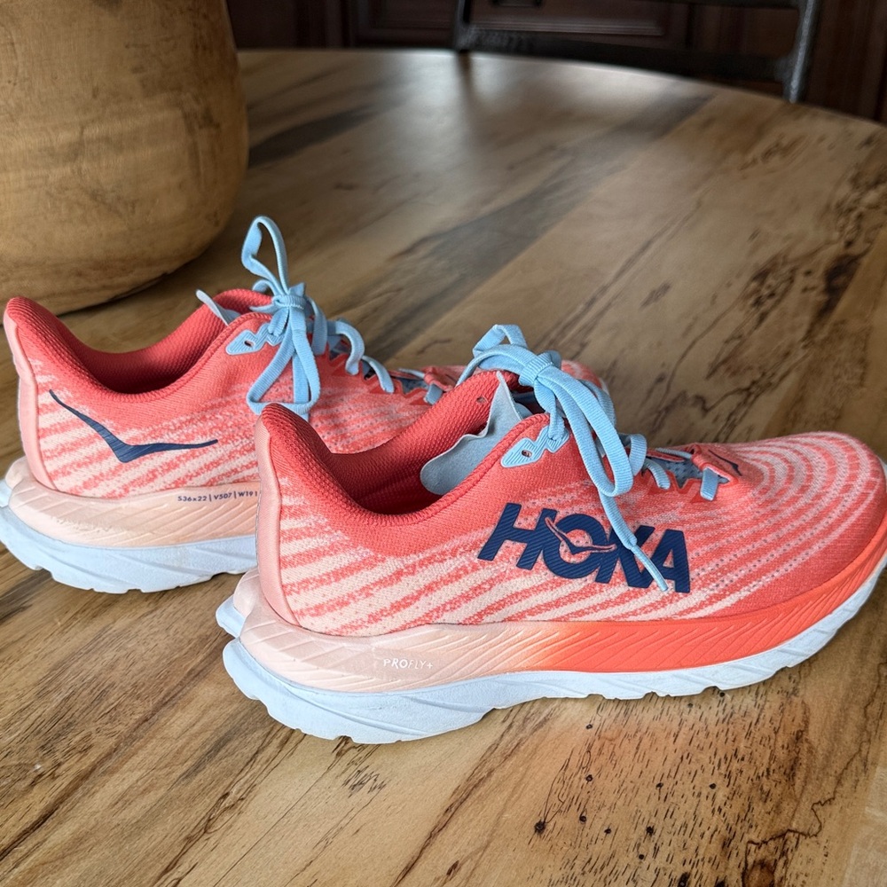 Hoka Coral and Blue Athletic Shoes